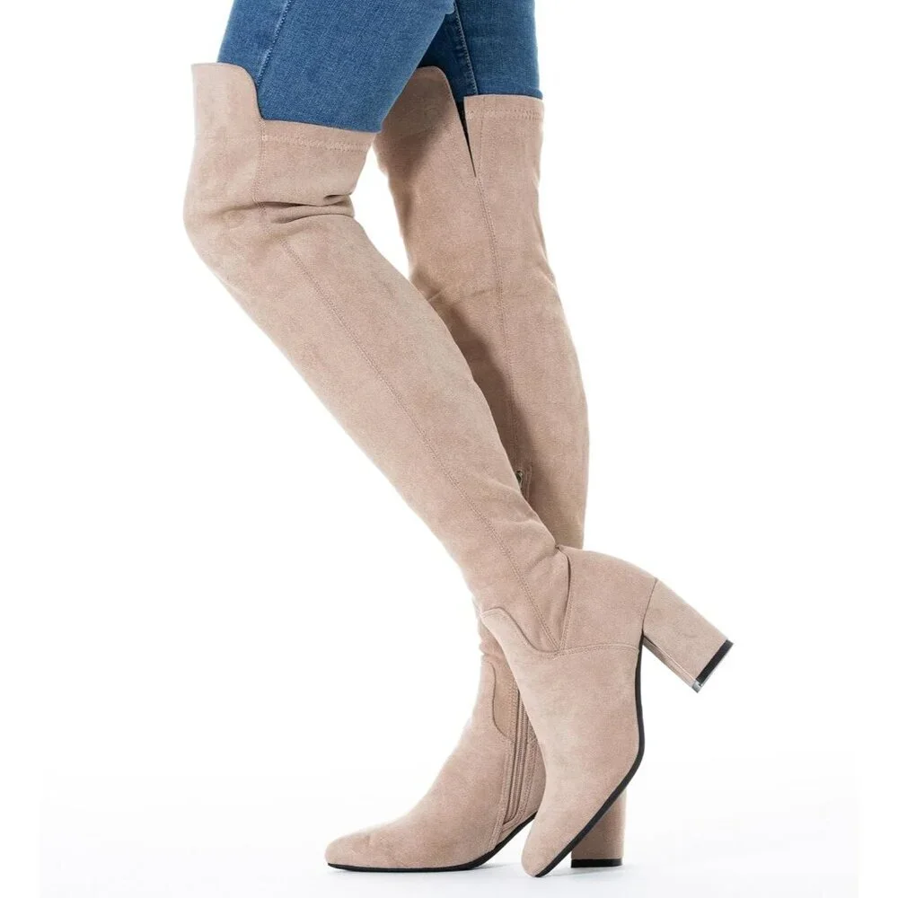 Women Beige\3inch Suede Over the Knee Thigh High Chunky Block Heel Winter Boots